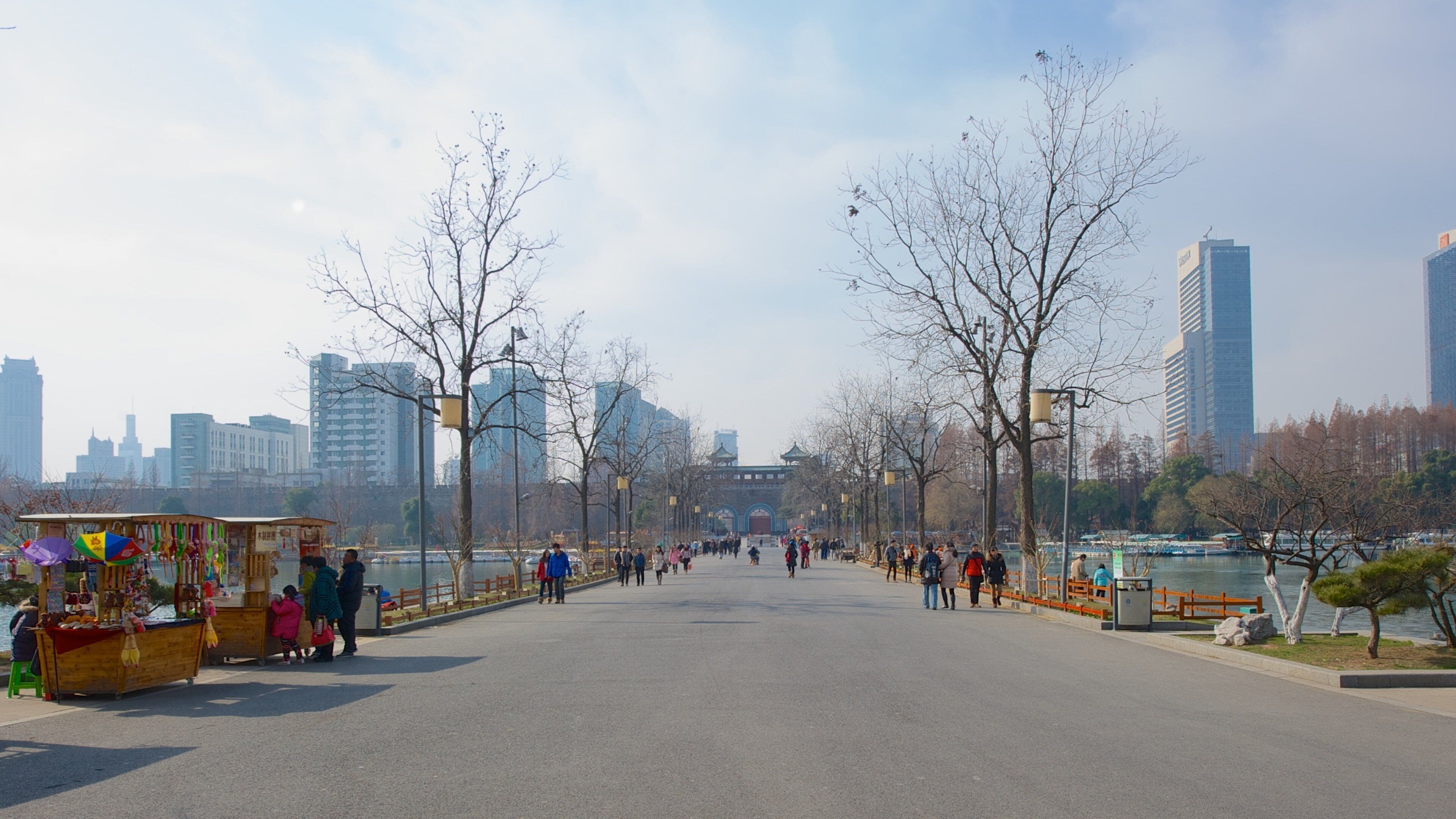 A wide pedestrian bridge with a city skyline in the background.