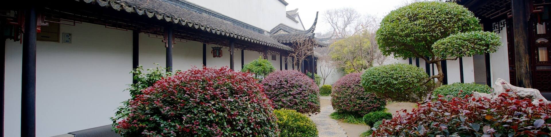 A traditional courtyard with white buildings, neatly trimmed bushes, and a gravel path.