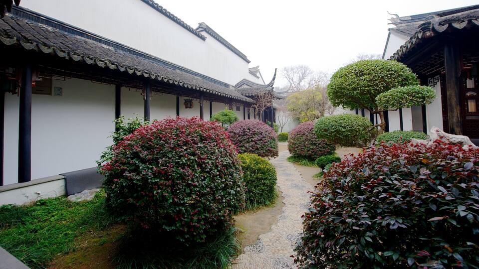 A traditional courtyard with white buildings, neatly trimmed bushes, and a gravel path.