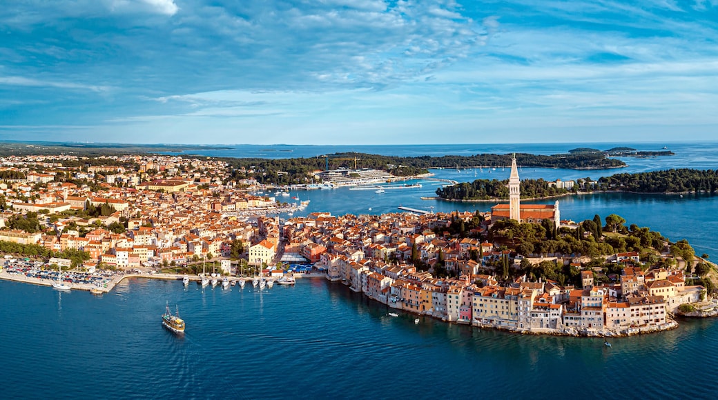 Beautiful Rovinj - aerial view panorama taken by a professional drone from above the sea. The old town of Rovinj, Istria, Croatia