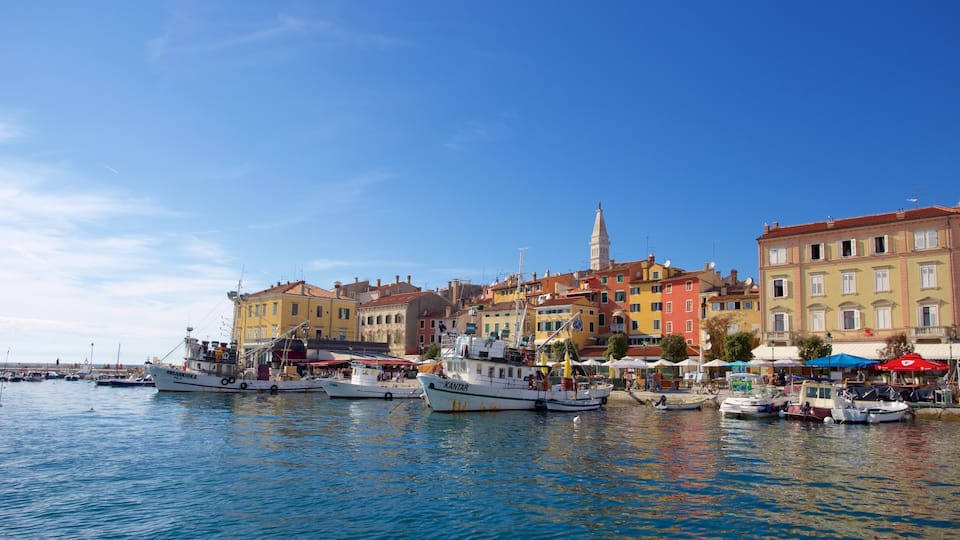 Puerto de Rovinj mostrando una bahía o un puerto, botes y una ciudad costera