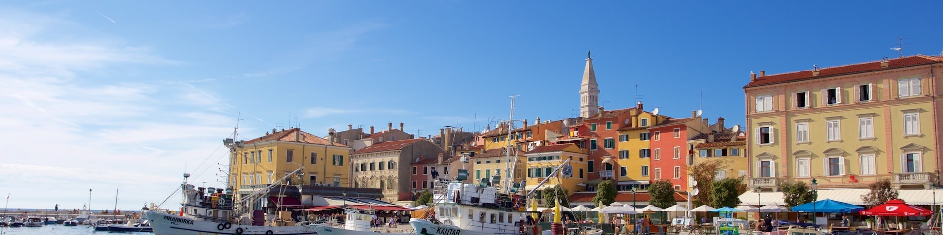 Rovinj Harbour featuring a bay or harbor, boating and a coastal town