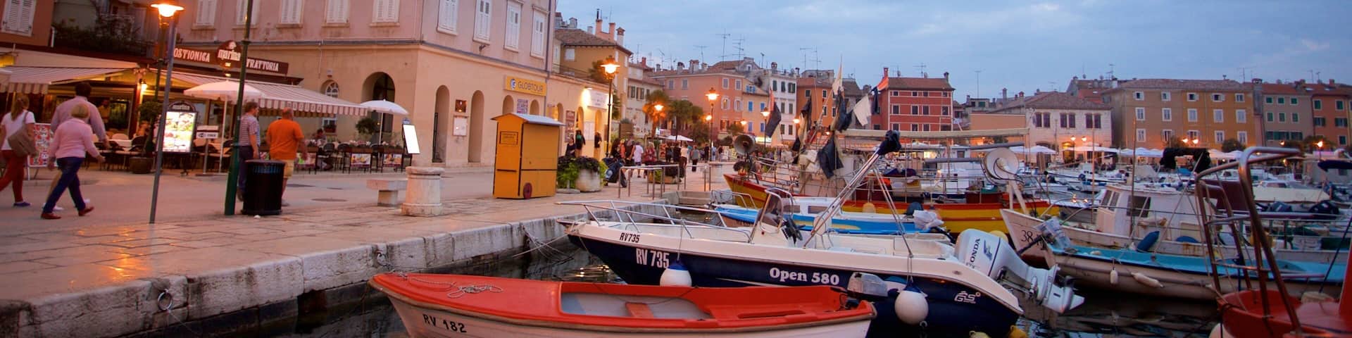 Rovinj Harbour featuring night scenes and a bay or harbor