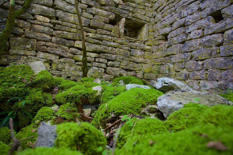 A moss-covered stone wall with a small opening.