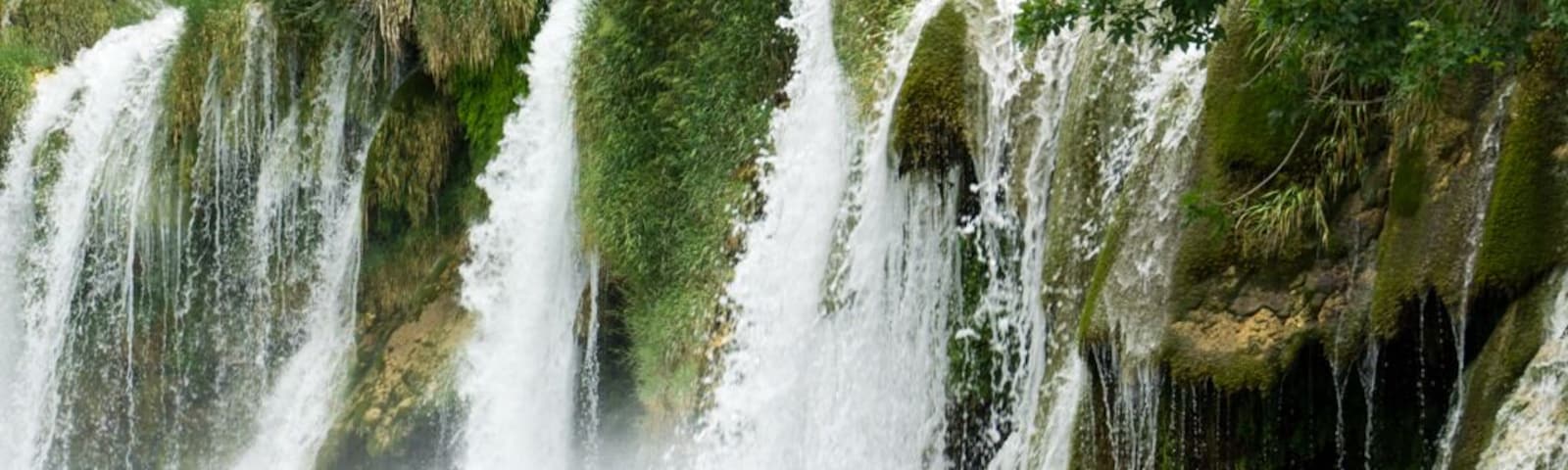 Una cascada se precipita sobre rocas cubiertas de musgo hacia una piscina cristalina, rodeada de vegetación exuberante.
