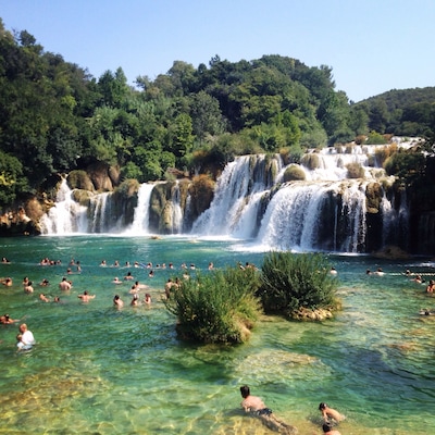 Una cascada que se precipita en una piscina azul cristalina, rodeada de exuberante vegetación.