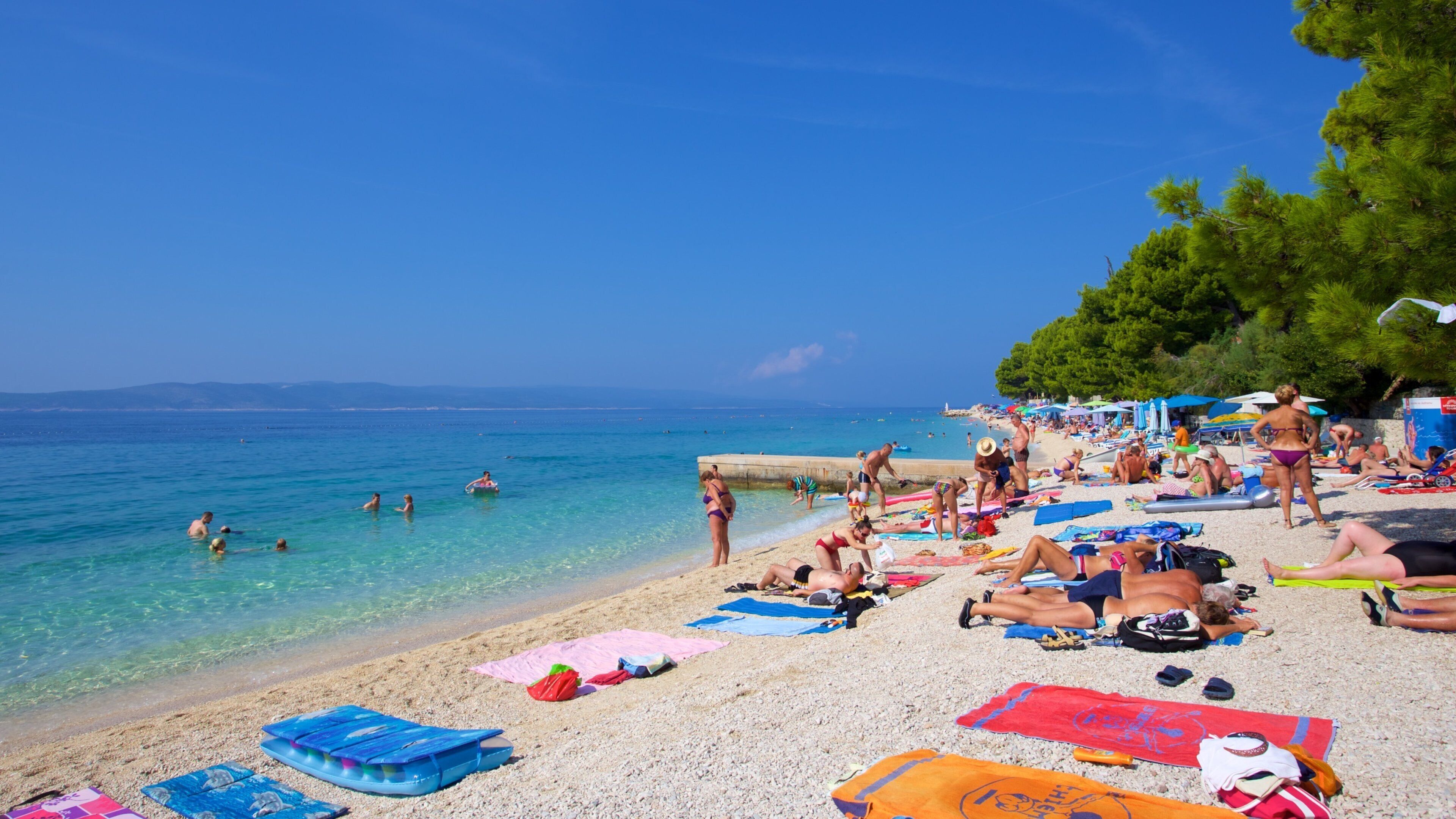 A crowded beach with people sunbathing, swimming, and playing in the water.