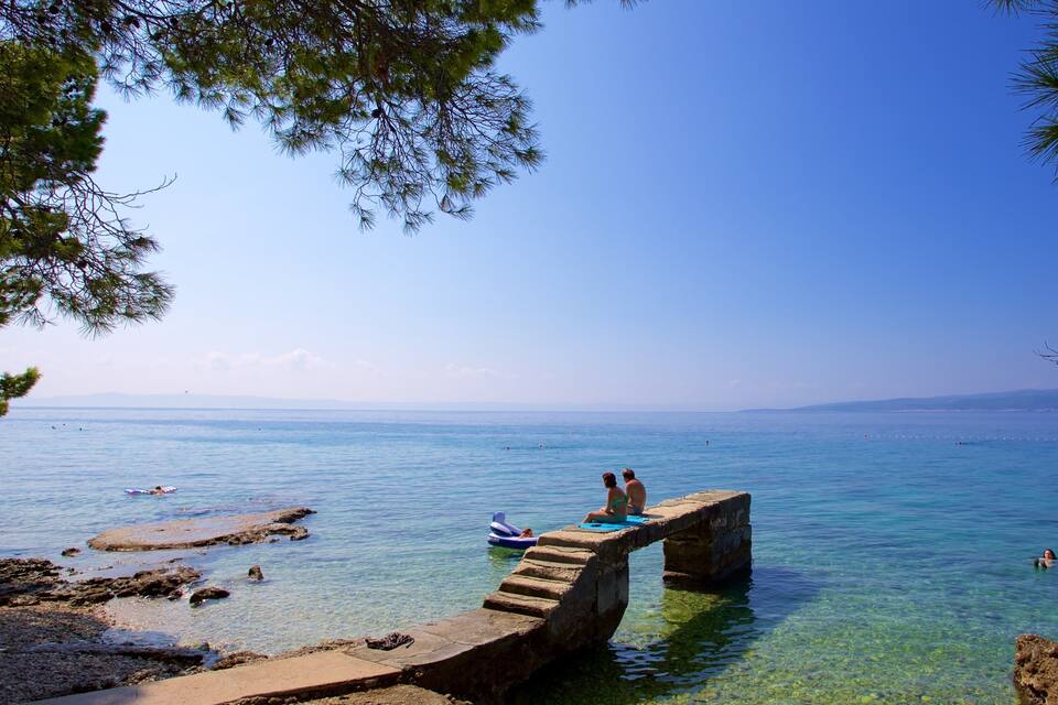 A stone bridge over water with people on it, clear blue sea, rocky shore, and trees.