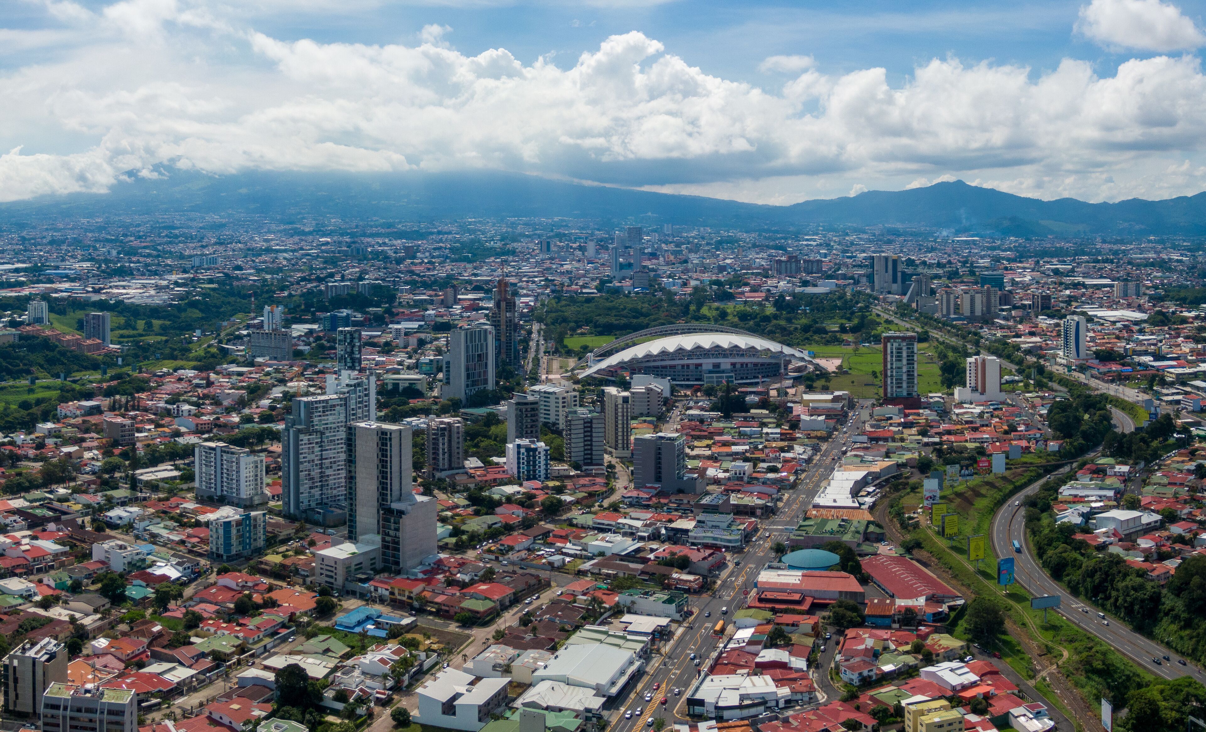 Beautiful aerial view os the city of San Jose Costa Rica, and its main park The Sabana