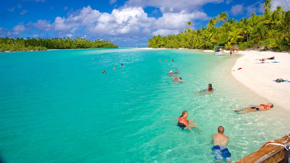 A turquoise beach with people swimming and sunbathing.
