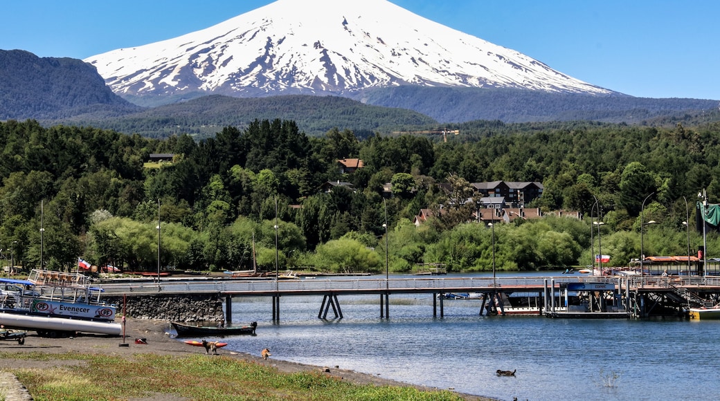 A snow-capped mountain, a river with boats, and a bridge.