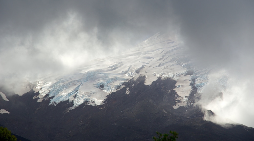 Cima del volcán Osorno mostrando niebla o neblina, nieve y montañas