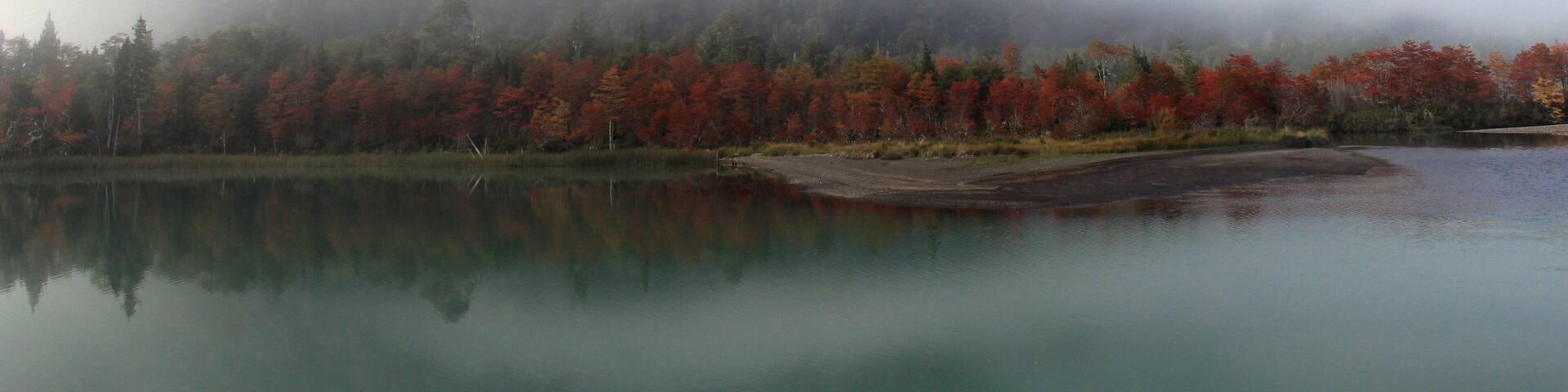 Caption---- fog over Todos Los Santos Lake, Puerto Varas, Los Lagos region, Chile