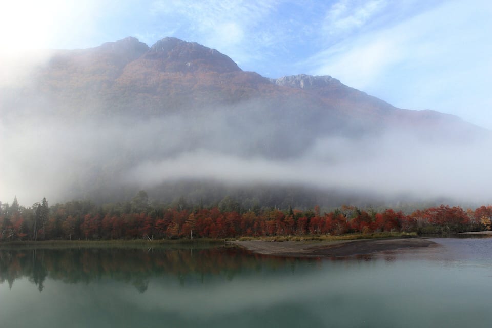 A lake with autumn-colored trees and a mountain partially obscured by fog.