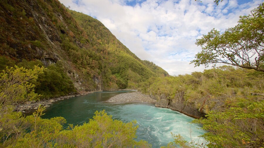 Petrohue Falls featuring mountains and a river or creek