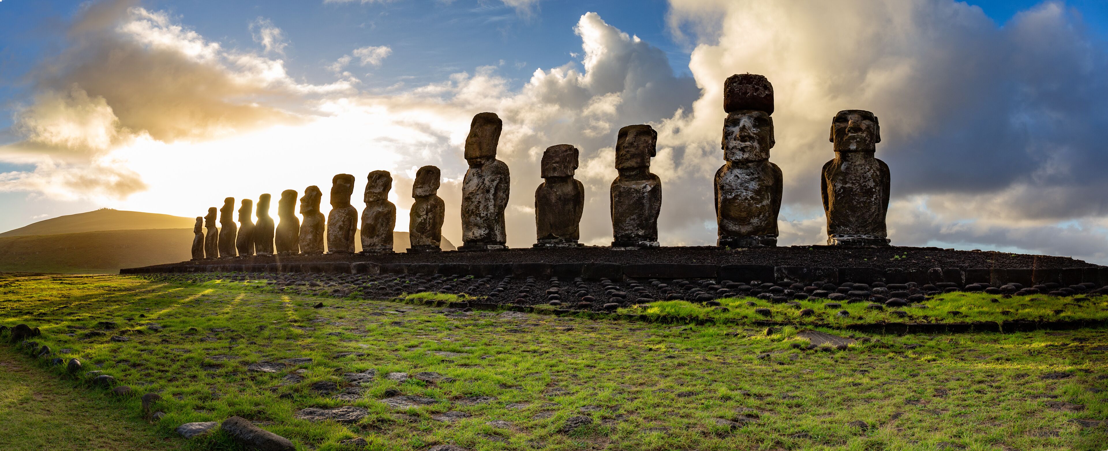 EASTER ISLAND Moais - Ahu Tongariki on rise of sun. Chile
