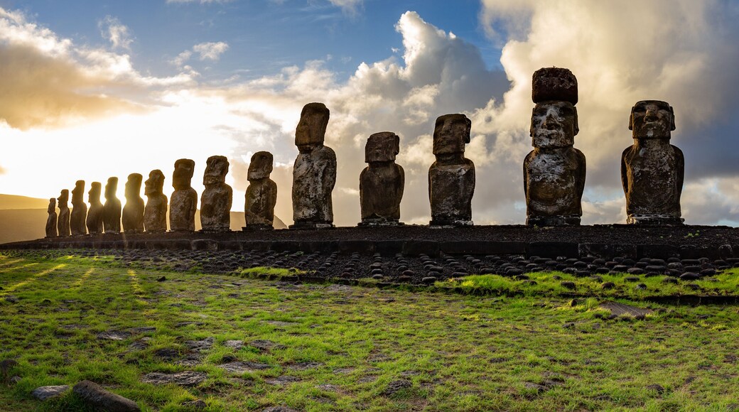 EASTER ISLAND Moais - Ahu Tongariki on rise of sun. Chile