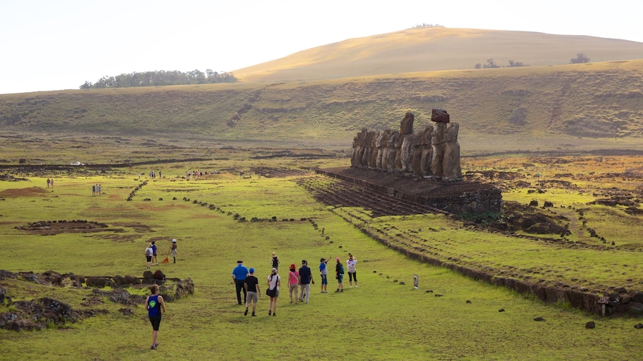 Ahu Tongariki which includes heritage elements and tranquil scenes as well as a small group of people