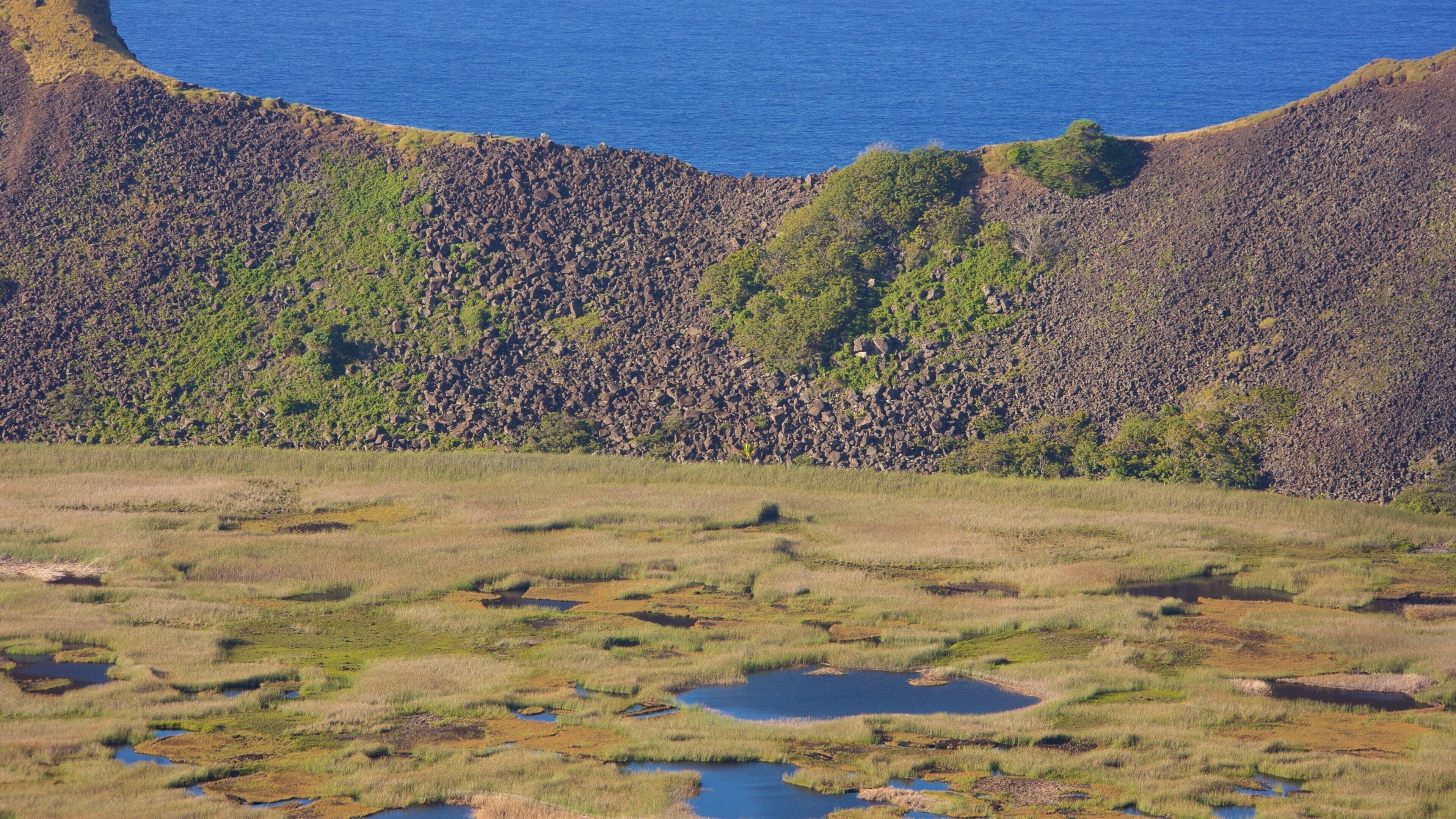 Ranu Kau ofreciendo vistas generales de la costa y humedales