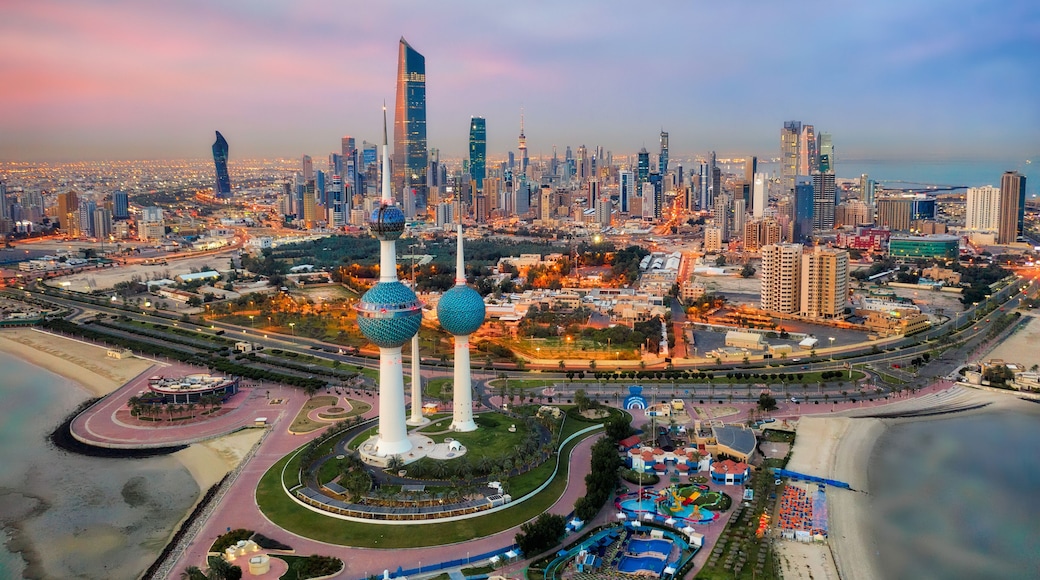 Kuwait Tower City Skyline glowing at night, taken in Kuwait in December 2018 taken in hdr