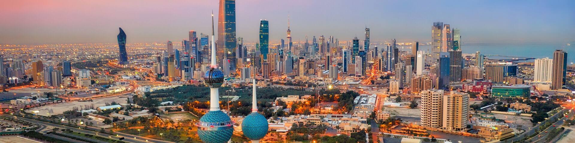Kuwait Tower City Skyline glowing at night, taken in Kuwait in December 2018 taken in hdr