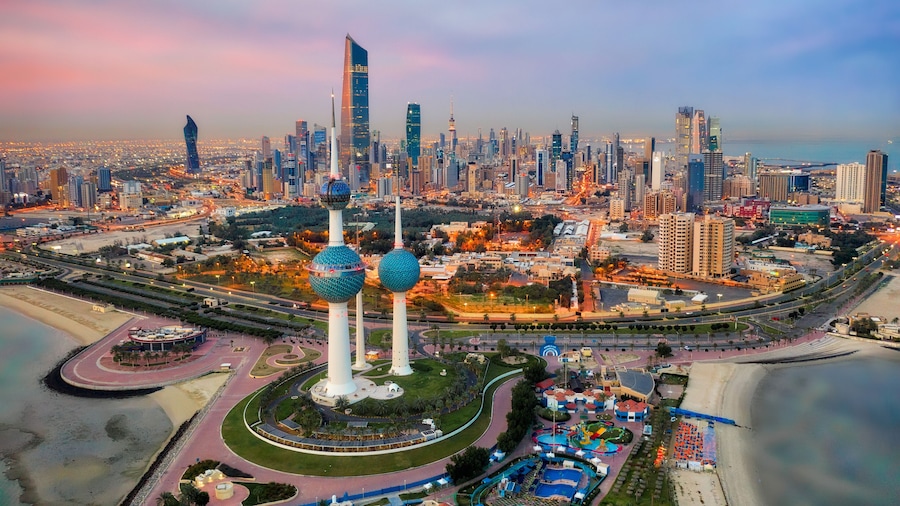 Kuwait Tower City Skyline glowing at night, taken in Kuwait in December 2018 taken in hdr