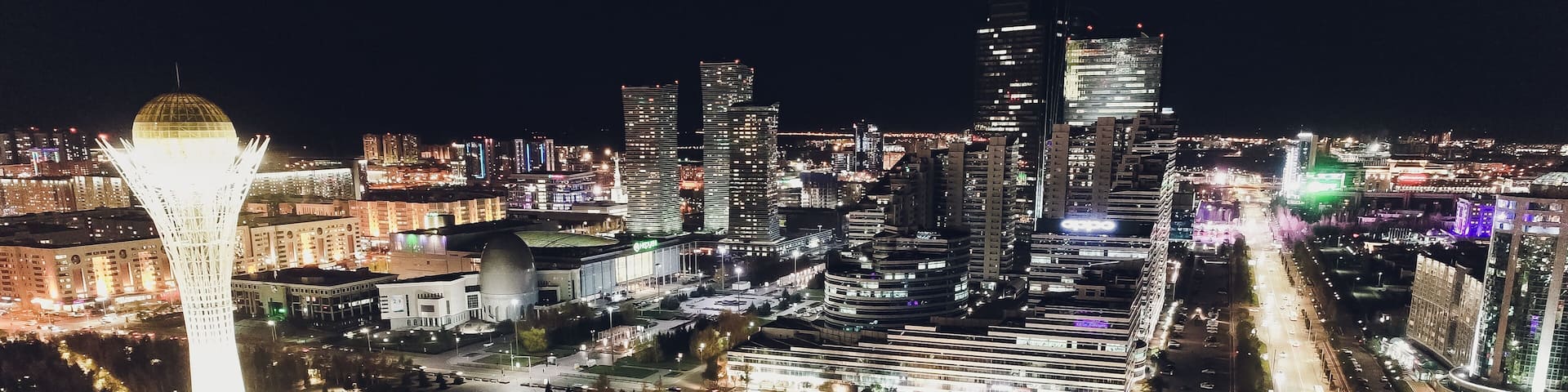 the city of Almaty, Kazakhstan. Aerial night.
