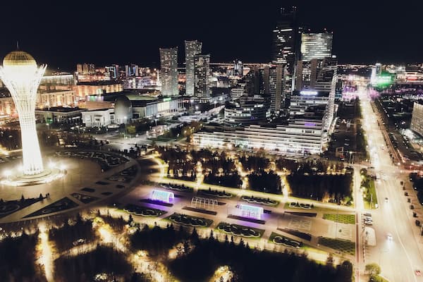 the city of Almaty, Kazakhstan. Aerial night.