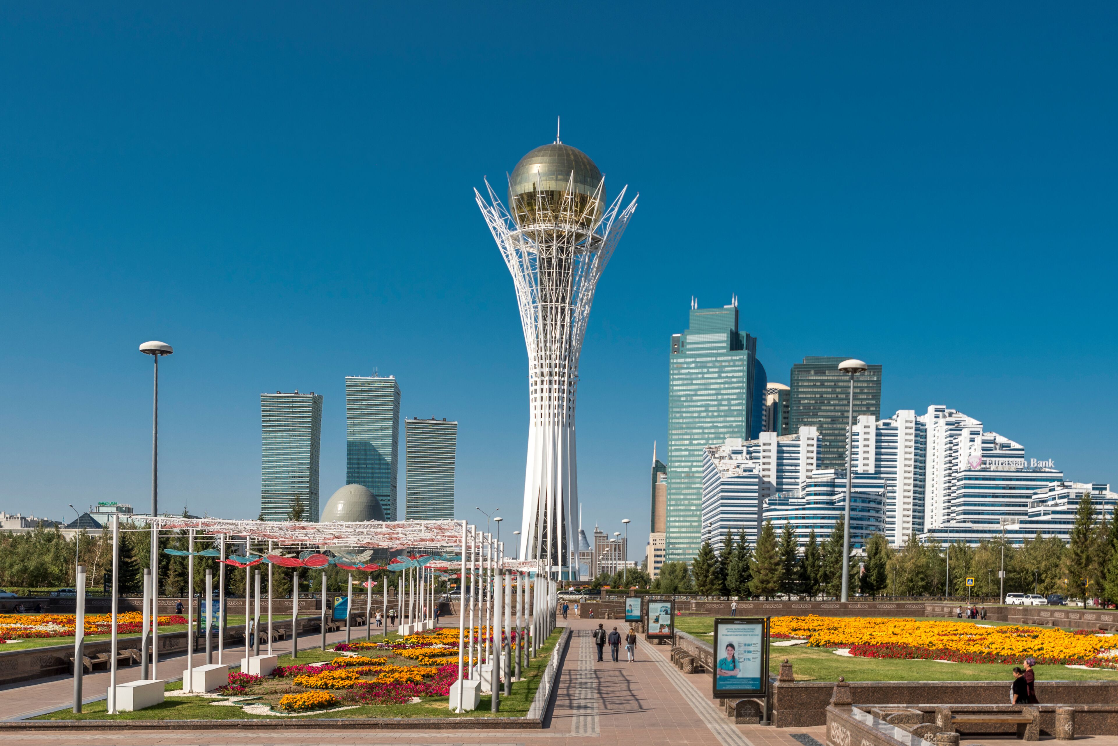 Nur-Sultan (Astana)/ Kazakhstan - 09.13.2017: City centre of Nur-Sultan (formerly Astana) with Bayterek tower