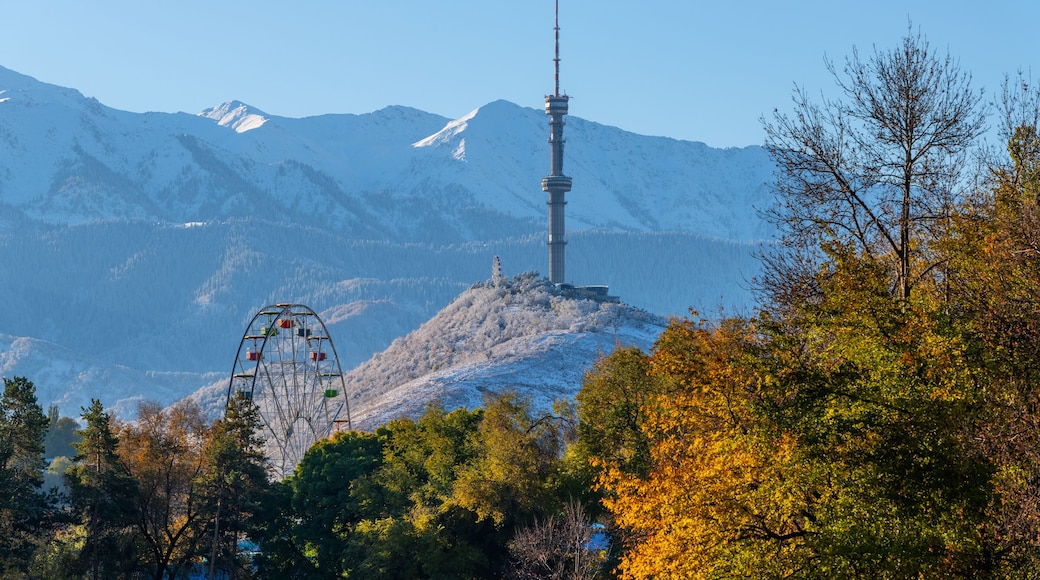 View of snow-capped mountains in the Kazakh city of Almaty on an autumn morning