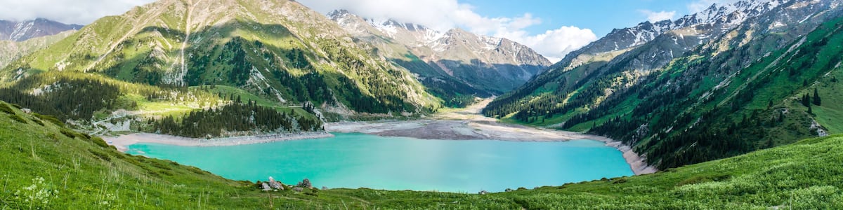 Panorama of spectacular scenic Big Almaty Lake, Kazakhstan
