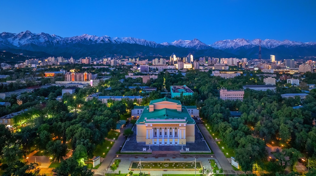 Aerial view of the central part of the city of Almaty with the Opera and Ballet Theater