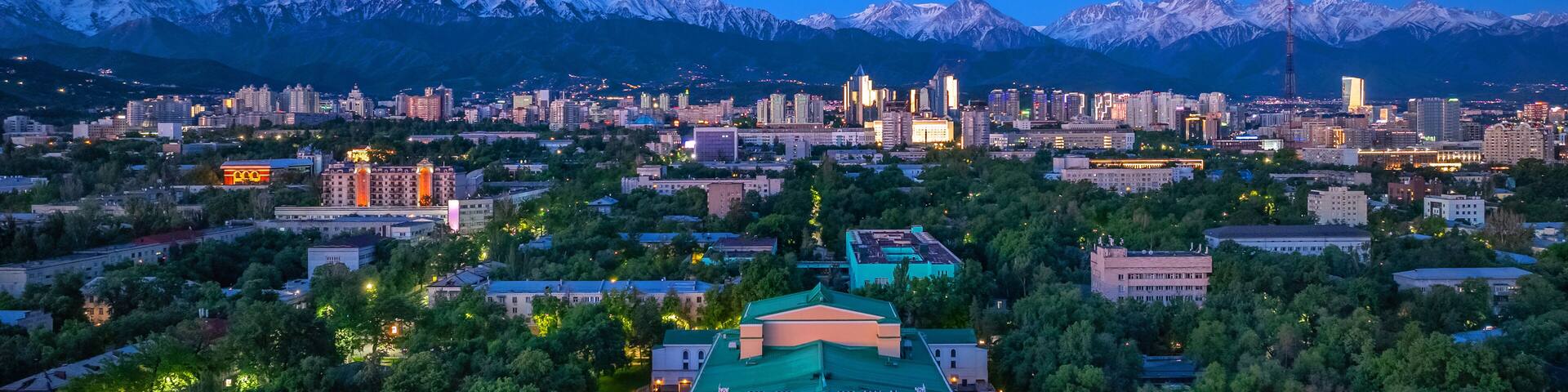 Aerial view of the central part of the city of Almaty with the Opera and Ballet Theater