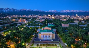 Aerial view of the central part of the city of Almaty with the Opera and Ballet Theater