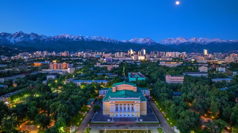 Aerial view of the central part of the city of Almaty with the Opera and Ballet Theater