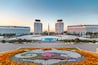 Almaty Republic Square with flower bed and independence monument