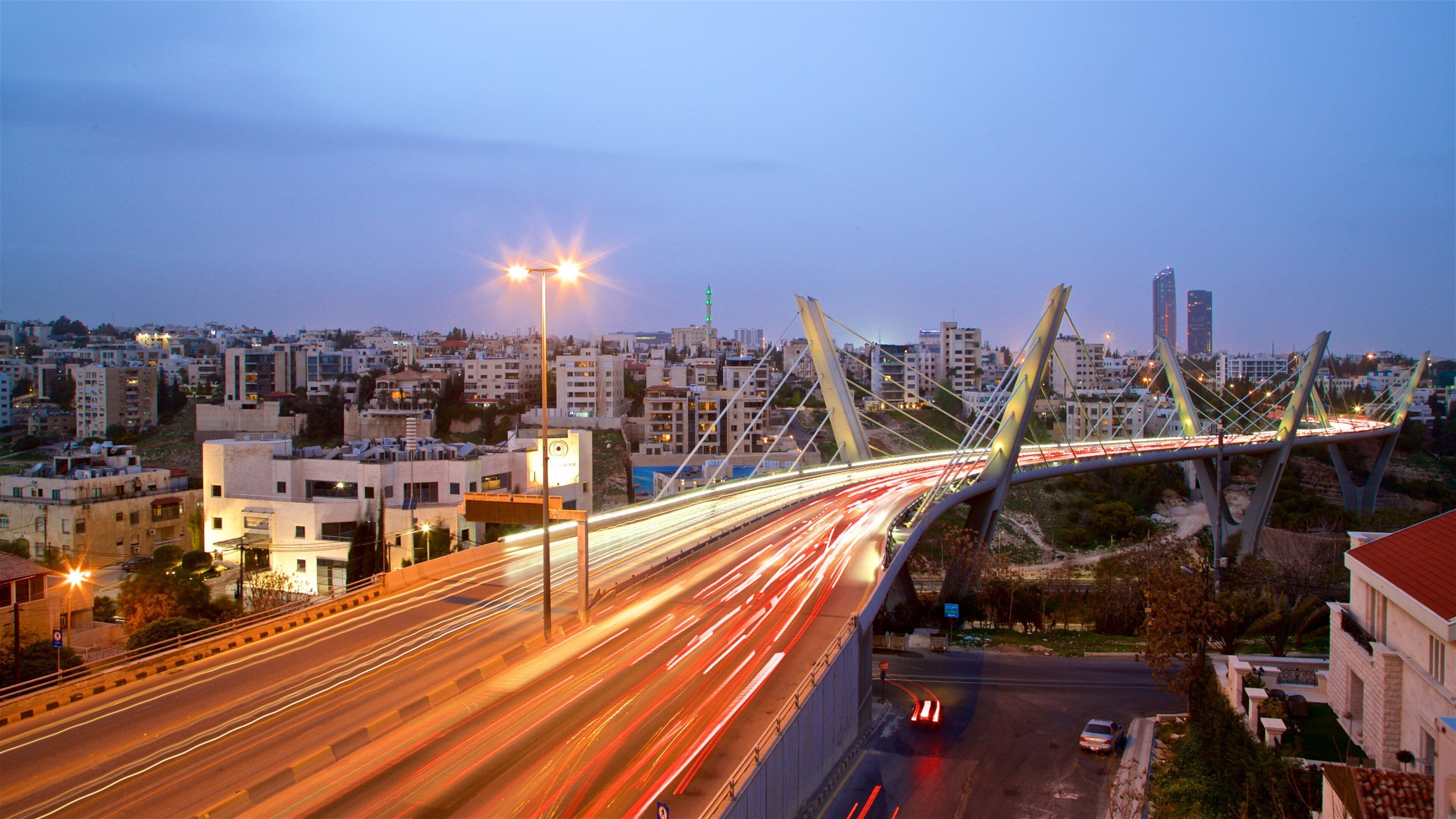 Abdoun Bridge showing a city, night scenes and a bridge