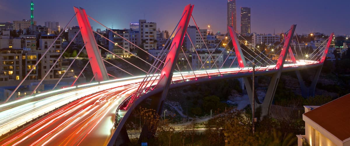 Abdoun Bridge which includes landscape views, a bridge and night scenes
