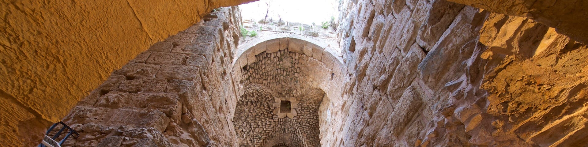 Castillo de Ajloun mostrando elementos del patrimonio y una ruina