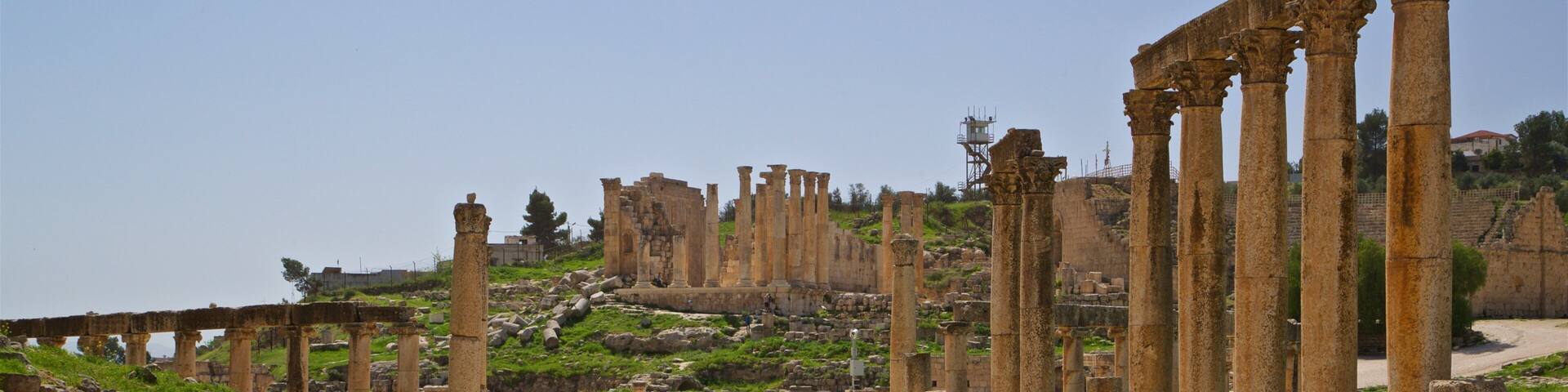 Ancient ruins with stone columns and a cobblestone path.