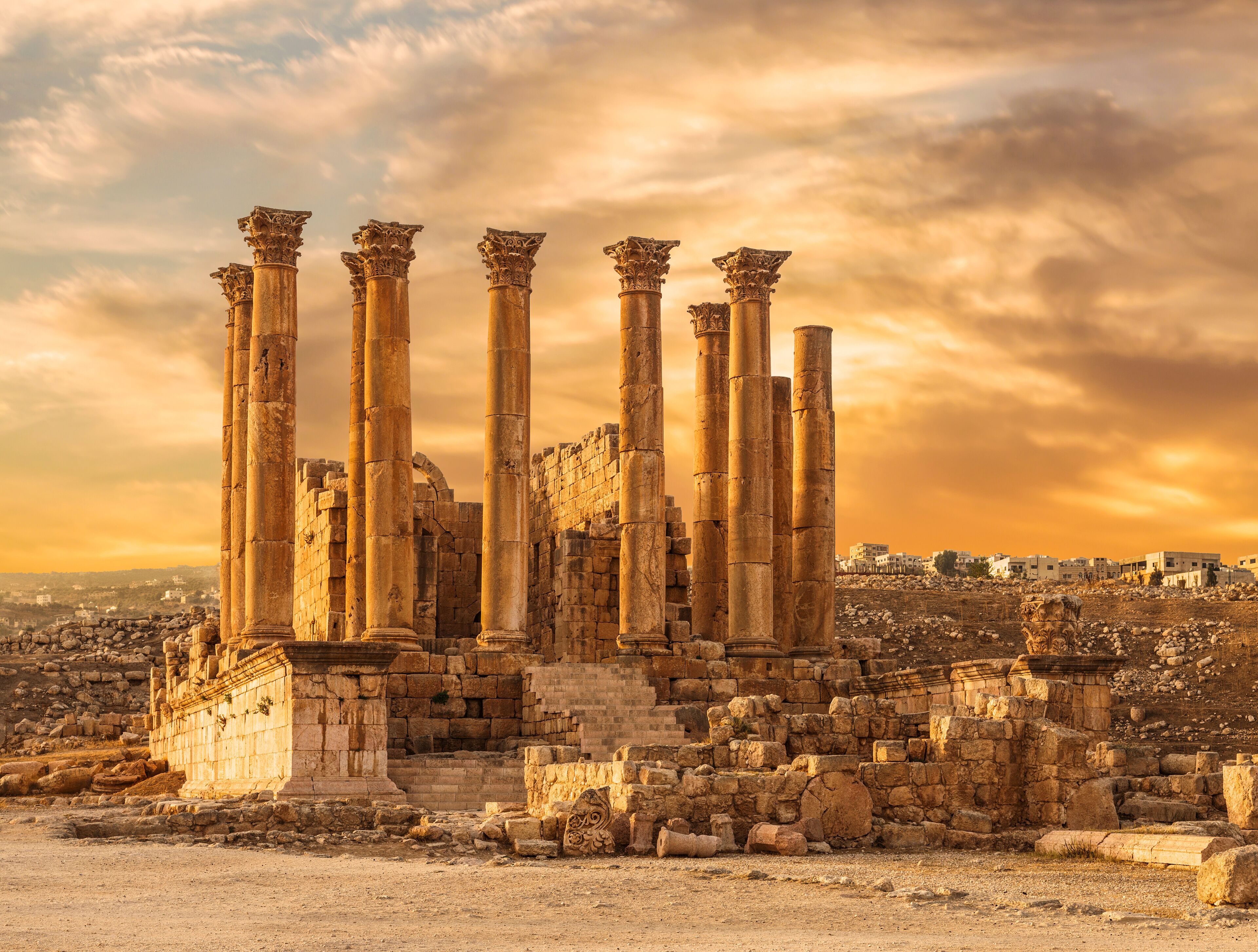 Temple of Artemis in the ancient Roman city of Gerasa at the sunset, preset-day Jerash, Jordan