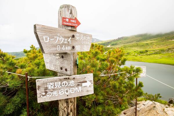 Un cartel de madera con múltiples indicaciones de dirección en una zona montañosa con un lago al fondo.