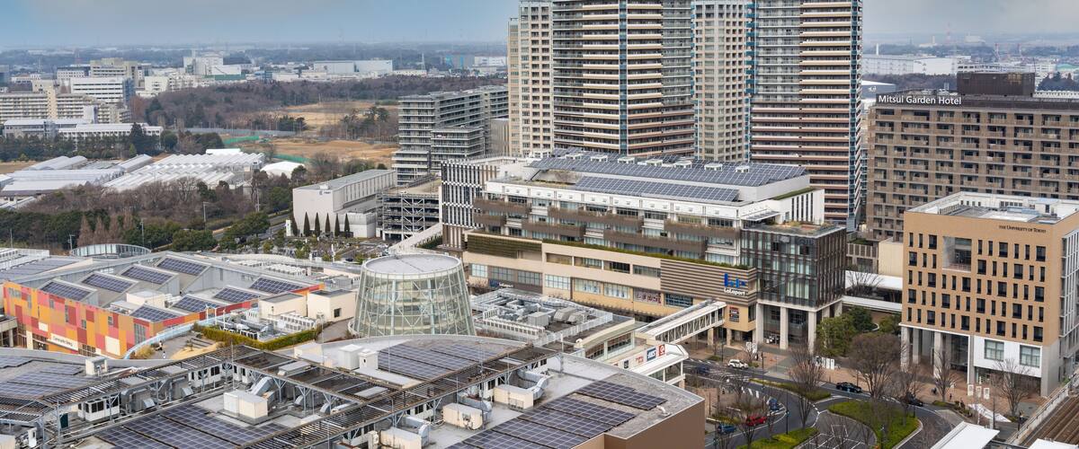 柏の葉キャンパス駅前の俯瞰撮影(ららぽーと、タワマン)曇り