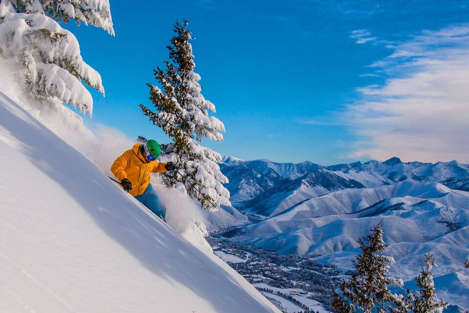 A skier in a yellow jacket on a snowy mountain slope with snow-covered trees and distant mountains.