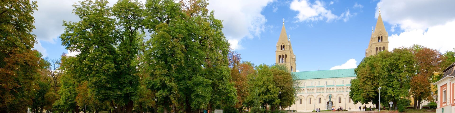 Pecs Cathedral which includes a garden, a church or cathedral and flowers
