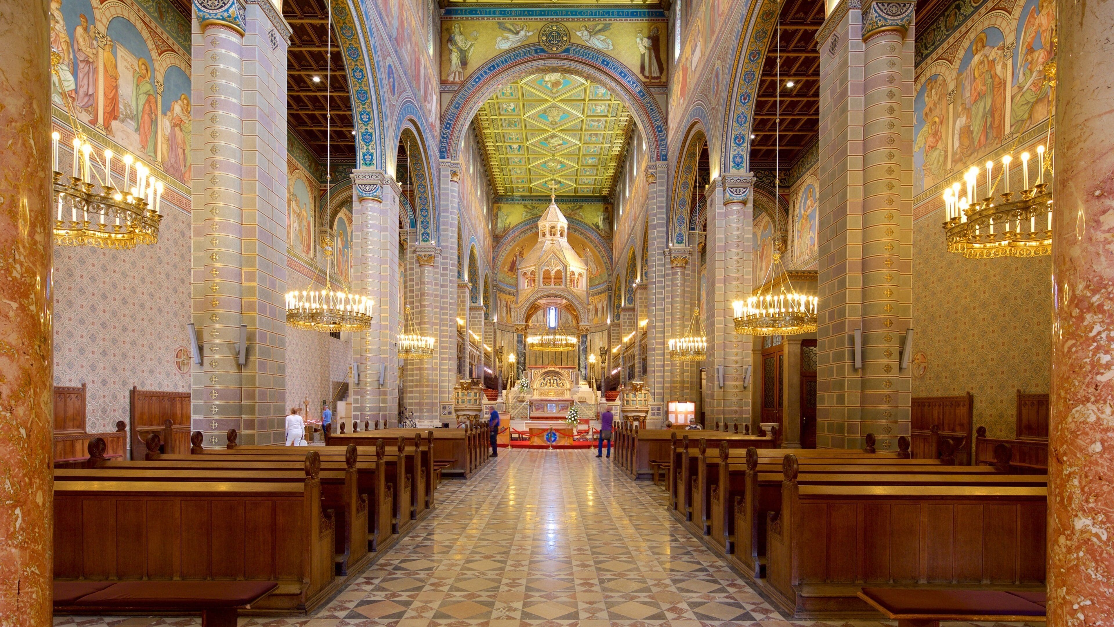 Pecs Cathedral which includes interior views, a church or cathedral and religious aspects