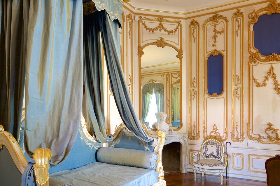 An ornate bedroom with a canopy bed, gold trim, and a mirror.