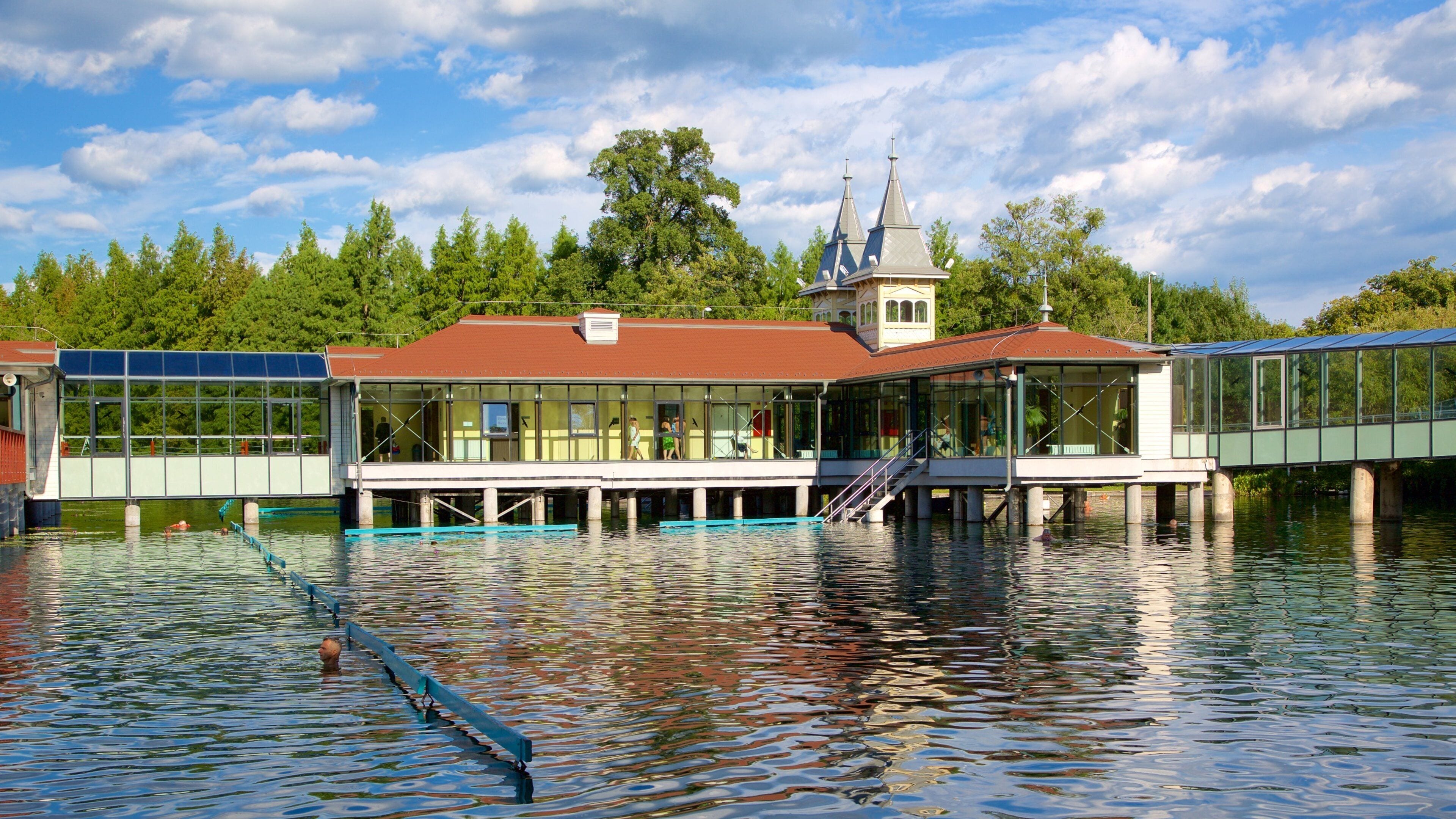 A waterfront building with a glass facade and a red roof, surrounded by water and trees.
