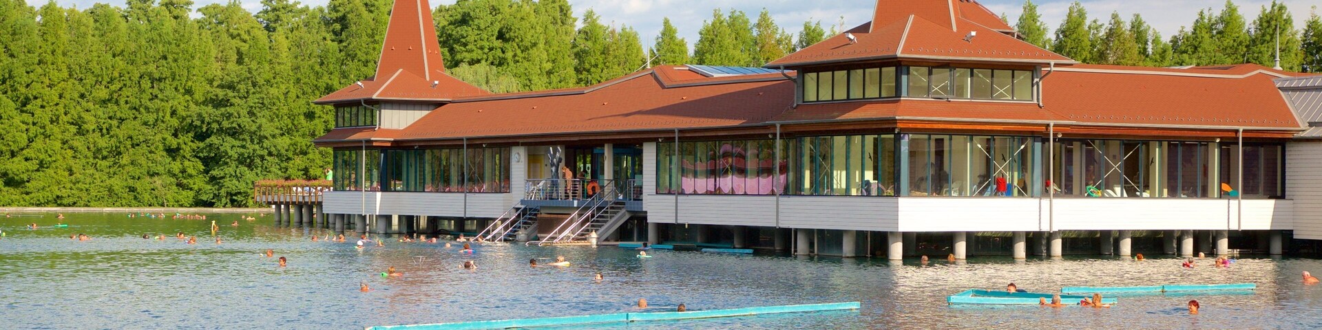 A swimming pool with people, a building with two red-roofed towers, and a forest in the background.