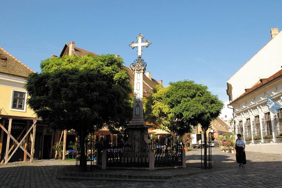 A cobblestone street with a central monument, surrounded by trees and historic buildings.